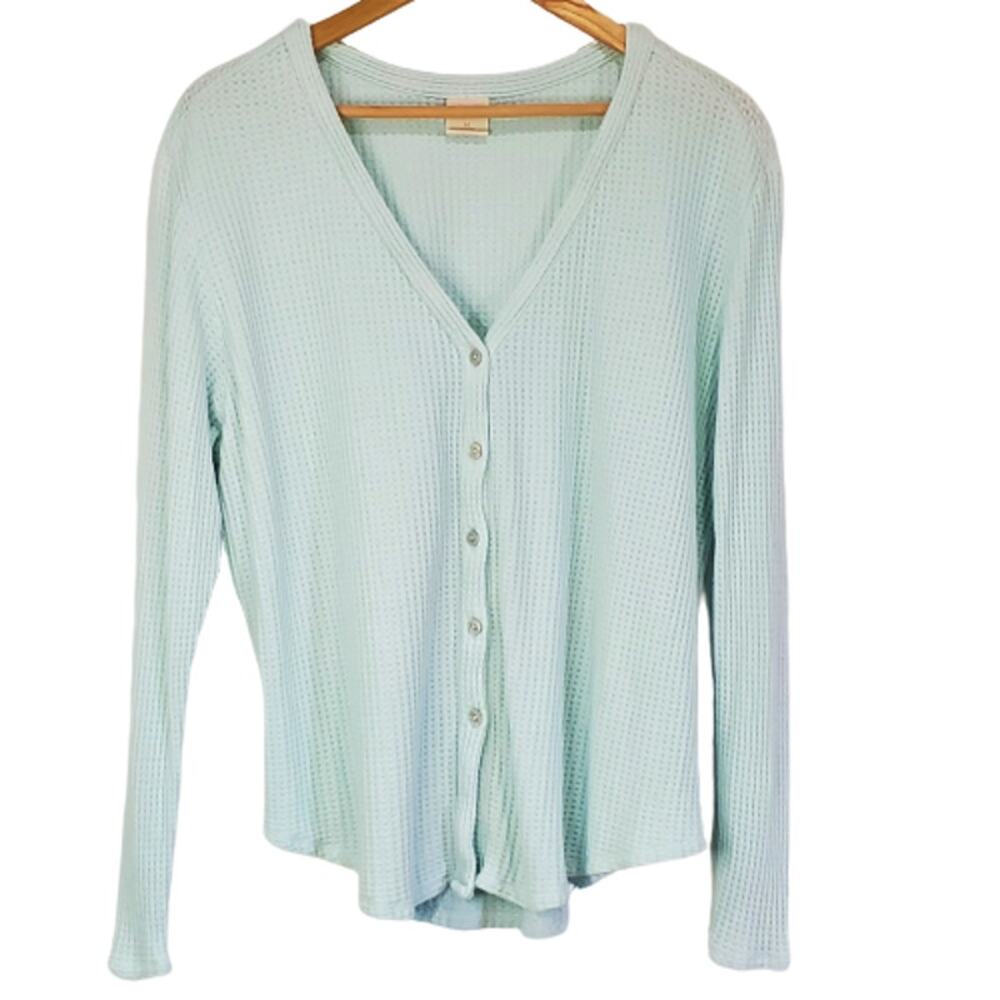 Jasmine & Ginger Green V Neck Button Front Waffle Weave Sweater Cardigan Medium